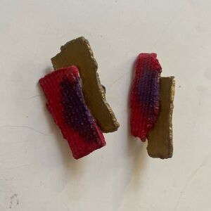 Bold Maximalist red, purple and gold textured clip on earrings